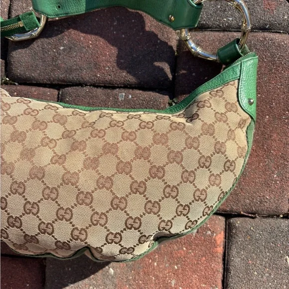 Vintage Gucci Shoulder Bag GG Pattern Bamboo 131036 Beige Brown Green Leather - Picture 12 of 16